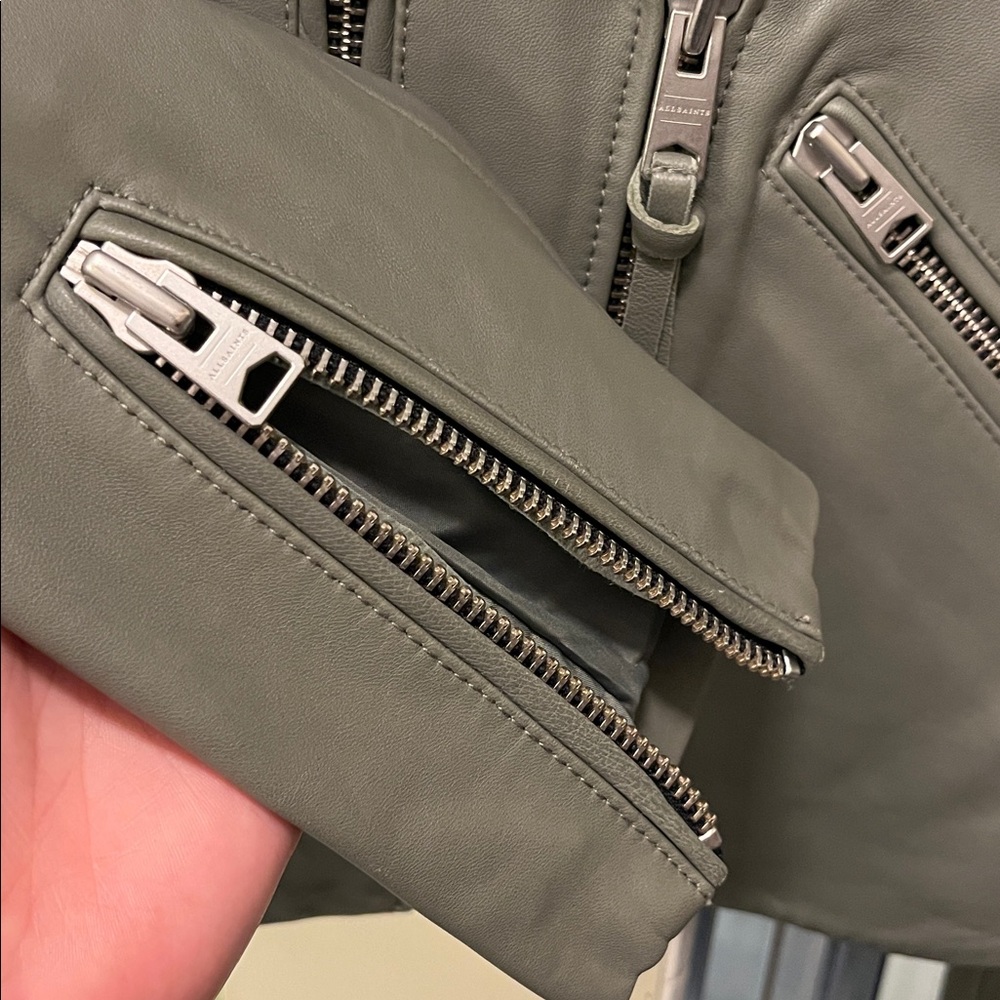 ALL SAINTS Darnley Slim Fit Biker olive/Sage green 100% Lamb Leather Jacket- 6 - Picture 13 of 16